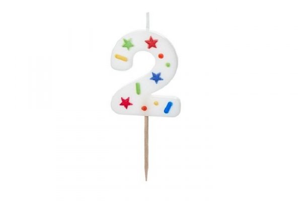 PARTYDECO Świeczka urodz.Cyfra 2 biała konfetti 5,5cm 40014