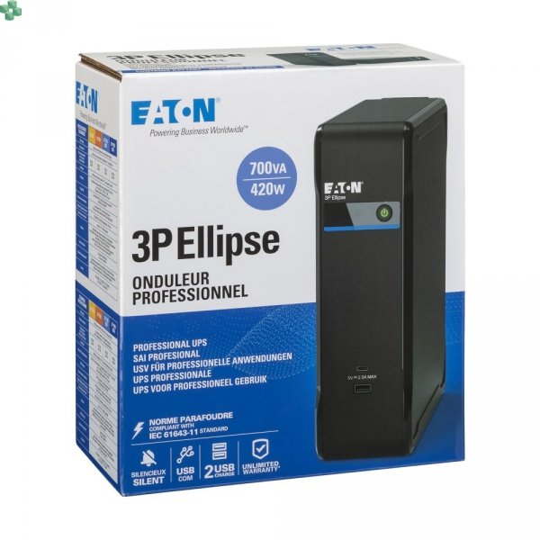 3P700UI UPS Eaton 3P Ellipse USB IEC, 700 VA, 420 W, wejście: C14, gniazda: (3) C13, (1) C13 tylko z ochroną przepięciową, ładowanie USB, tower