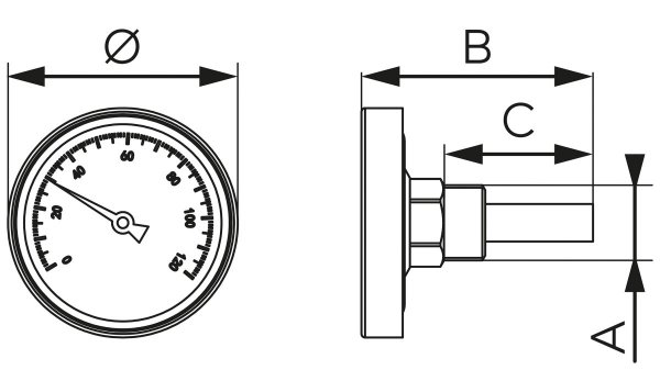 TERMOMETR BIMETALOWY 1/2" TARCZOWY 0-120°C GWINT 1/2" AXIALNY 63MM WKRĘCANY