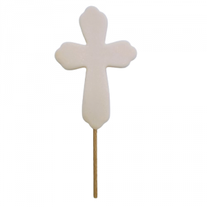 Cukrowa dekoracja na tort ECRU PŁASKI KRZYŻ NA PIKU nabłyszczany komunia 1szt