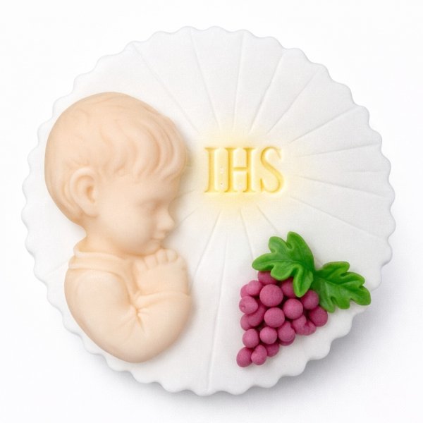 Dekoracja cukrowa na tort komunijny - HOSTIA Z WINOGRONEM chłopiec (16 szt)
