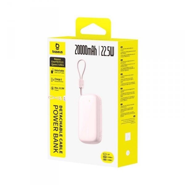 Powerbank 20000mAh 22.5W z wyświetlaczem kablem EnerFill FC21 Qpow 3 Ultra - różowy