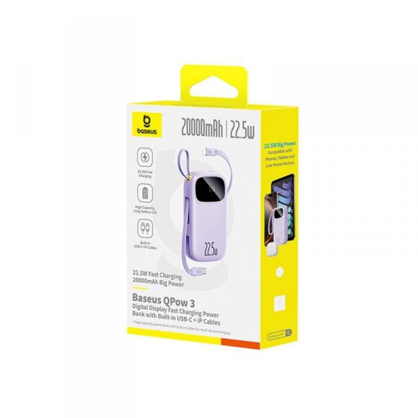 Powerbank 20000mAh 22.5W z wyświetlaczem kablem EnerFill FC21 Qpow 3 Ultra - fioletowy