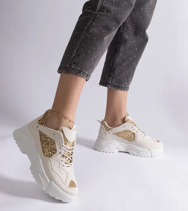 Beżowe sneakersy damskie z brokatowymi wstawkami Caraballo
