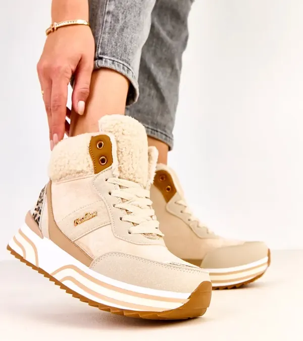 Beżowe sneakersy wysokie ocieplane z kożuszkiem Mirasen