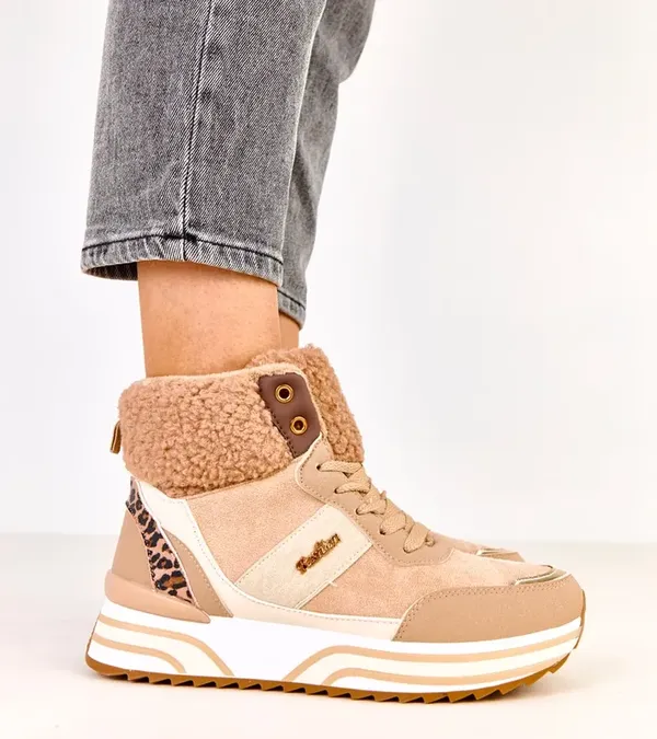 Ciemnobeżowe sneakersy wysokie ocieplane z kożuszkiem Mirasen