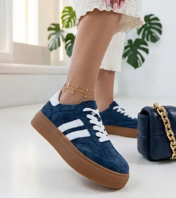Granatowe Skórzane Sneakersy Na Platformie Cambell