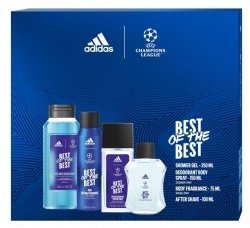 ADIDAS UEFA CHAMPIONS LEAGUE Zestaw prezentowy Best of The Best (Woda po goleniu 100ml + Żel pod prysznic 3w1 250ml+Deo spray 150ml+Deo naturalny spray 75ml)