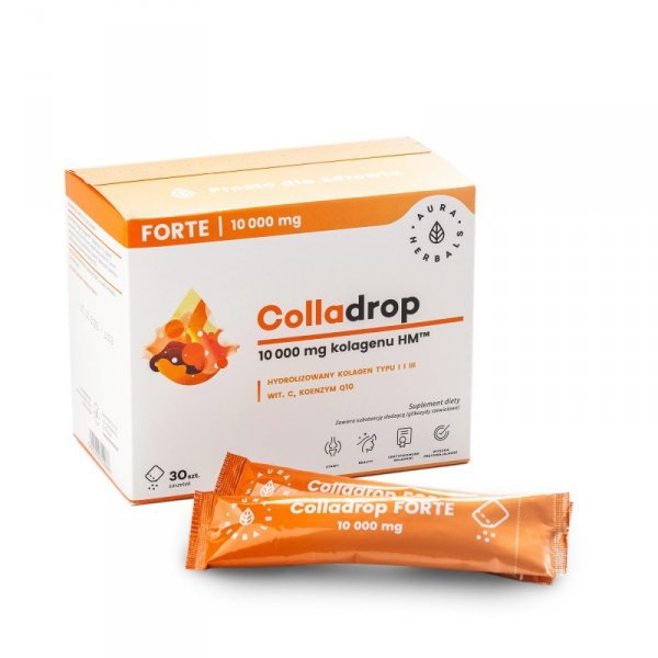 AURA HERBALS Colladrop Forte Hydrolizowany Kolagen morski 10000 mg typu I i III - (30 saszetek)