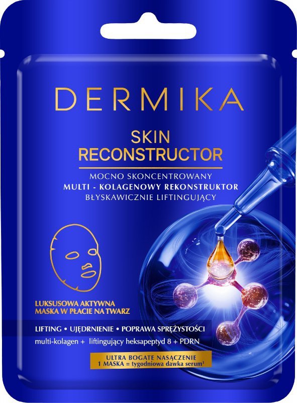 DERMIKA SKIN RECONSTRUCTOR Mocno skoncentrowany multi-kolagenowy rekonstruktor błyskawicznie liftingujący. Luksusowa aktywna maska w płacie na twarz.