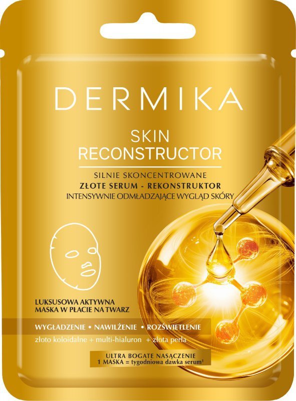 DERMIKA SKIN RECONSTRUCTOR Silnie skoncentrowane złote serum - rekonstruktor intensywnie odmładzający wygląd skóry. Luksusowa aktywna maska w płacie na twarz.