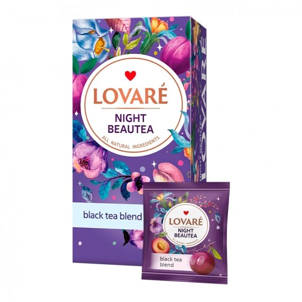 Czarna herbata liściasta z jagodami, płatkami kwiatów Night Beautea Lovare, 24x2g