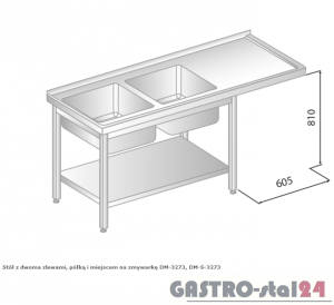 Stół z dwoma zlewami, półką i miejscem na zmywarkę DM 3273 szerokość: 600 mm  (1800x600x850)