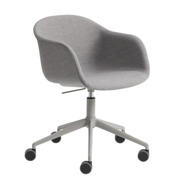 Muuto FIBER ARMCHAIR SWIVEL BASE Krzesło Obrotowe na Kółkach Białe - Siedzisko Tapicerowane Szarą Tkaniną Remix 133 / Metalowa Rama