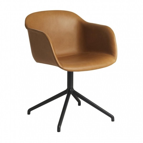 Muuto FIBER ARMCHAIR SWIVEL BASE Krzesło Obrotowe - Czarne - Siedzisko Tapicerowane Brązową Skórą / Metalowa Rama