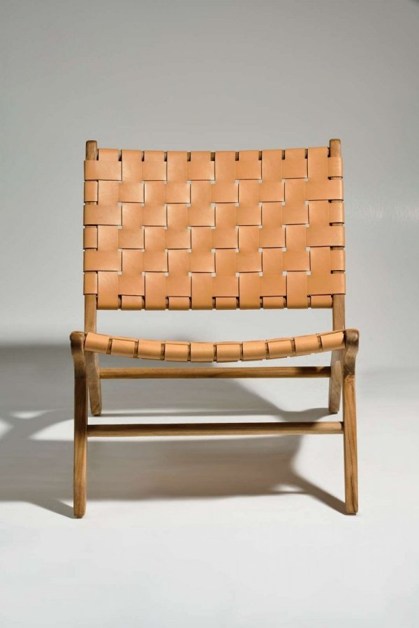Villa Collection LOUNGE Fotel z Drewna Tekowego z Siedziskiem z Plecionej Skóry