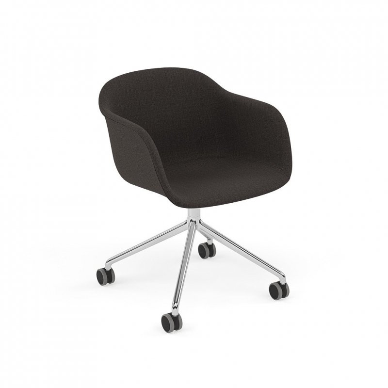 Muuto FIBER ARMCHAIR SWIVEL BASE Krzesło Obrotowe na Kółkach Rama Aluminium Polerowane / Siedzisko Tapicerowane Czarne Tkanina Canvas 174