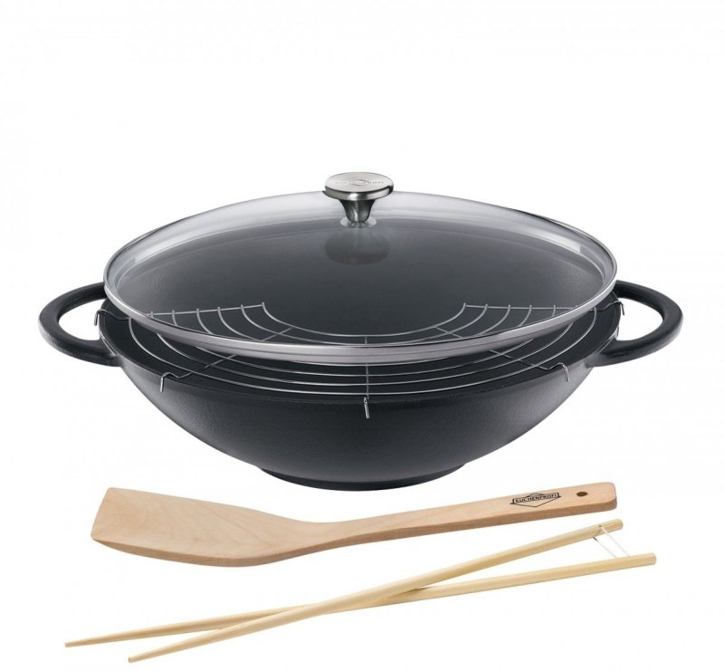 Küchenprofi PROVENCE Wok Żeliwny z Rusztem 36 cm ze Szklaną Pokrywką / Czarny