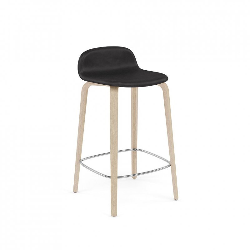 Muuto VISU BAR Hoker - Stołek Barowy 65 cm Dębowy / Siedzisko Tapicerowane Skóra Czarna