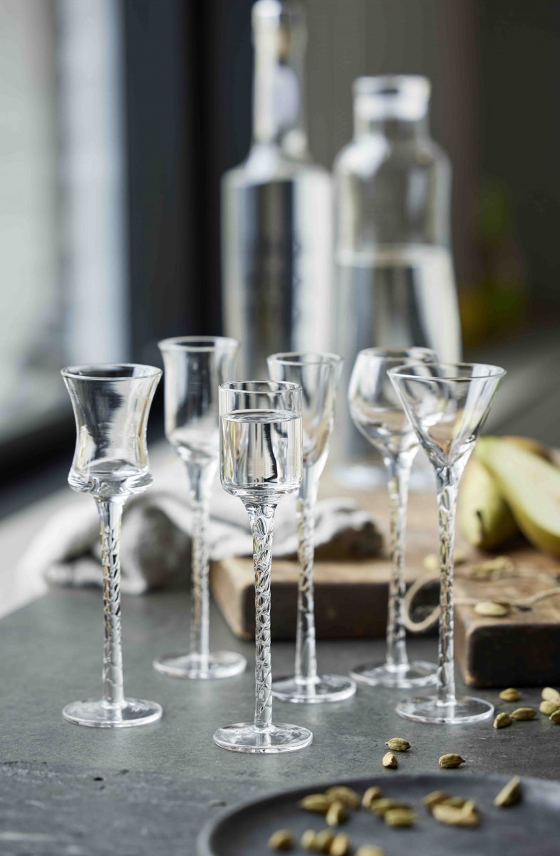 Lyngby Glass AQUAVIT ROM Kieliszki do Wódki, Likierów, Nalewek 6 Szt. Bezbarwne / Nóżka Zdobiona