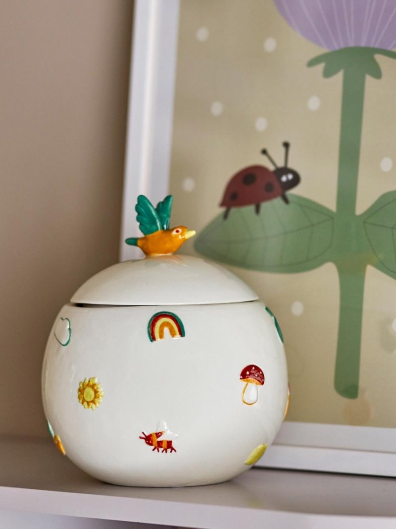 Bloomingville AGNES Ceramiczny Pojemnik z Pokrywką / Biały z Ptaszkiem