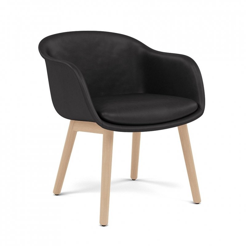 Muuto FIBER CONFERENCE Krzesło Tapicerowane / Podstawa Dębowa Obicie Czarna Skóra Naturalna