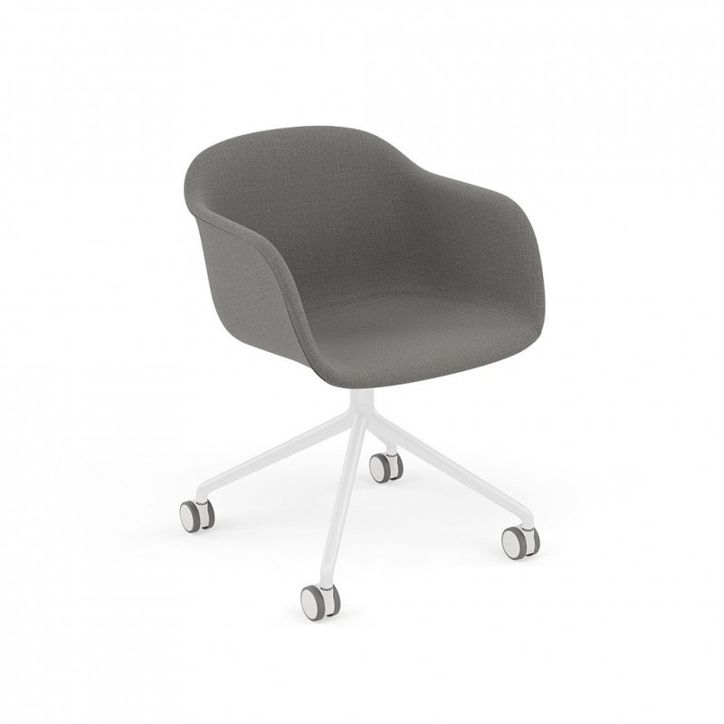 Muuto FIBER ARMCHAIR SWIVEL BASE Krzesło Obrotowe na Kółkach Białe / Siedzisko Tapicerowane Szare Tkanina Canvas 134