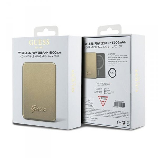 Guess Metal Script Logo MagSafe - Power Bank indukcyjny 5000 mAh 15W MagSafe (złoty)