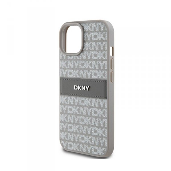DKNY Leather Mono Stripe & Metal Logo - Etui iPhone 15 / 14 / 13 (beżowy)