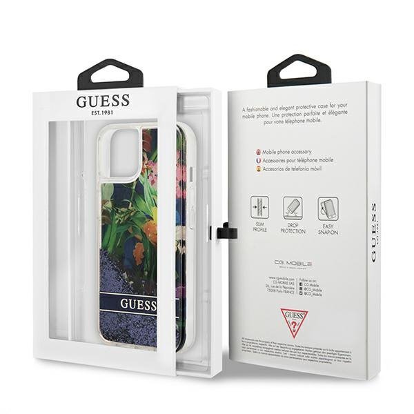 Guess Liquid Glitter Flower – Etui iPhone 13 mini (niebieski)