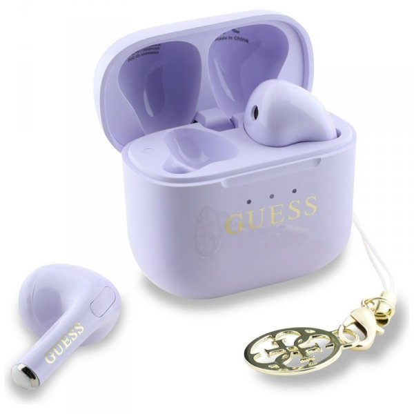 Guess Glossy Effect Printed Classic Logo & Charm - Słuchawki Bluetooth TWS + etui ładujące (lawendowy)