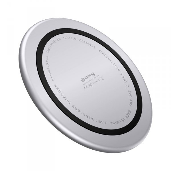 Crong PowerSpot Fast Wireless Charger – Aluminiowa ładowarka bezprzewodowa Qi 15W USB-C z powłoką ze szkła hartowanego (Silver W