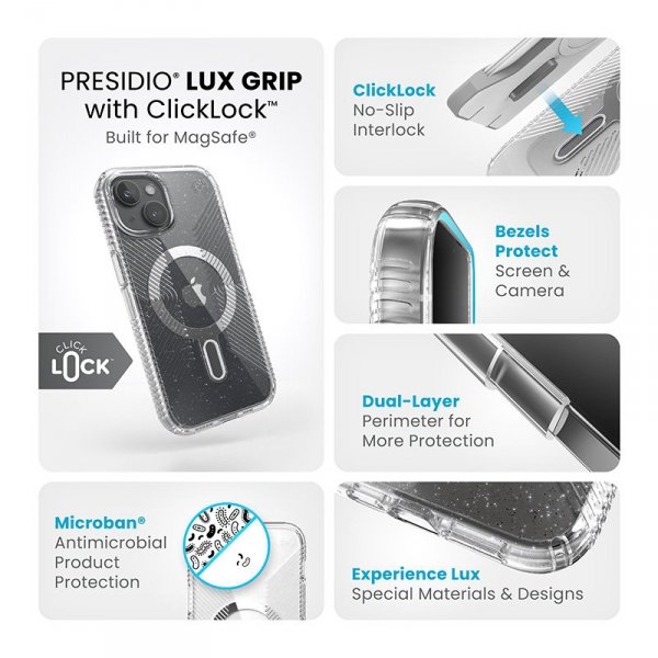 Speck Presidio Lux Grip ClickLock & MagSafe - Etui iPhone 16e / iPhone 15 / iPhone 14 / iPhone 13 (Clear / Platinium Glitter / C