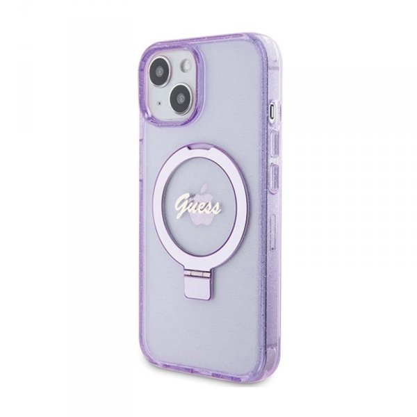 Guess Ring Stand Script Glitter MagSafe - Etui iPhone 15 (fioletowy)