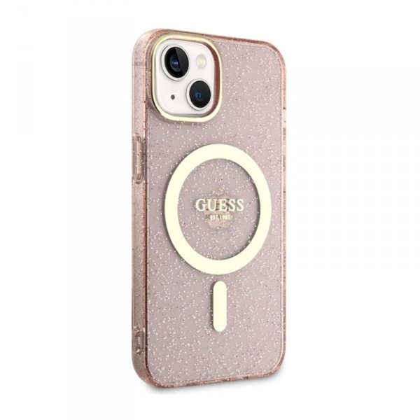 Guess Glitter Gold MagSafe - Etui iPhone 14 Plus (Różowy)