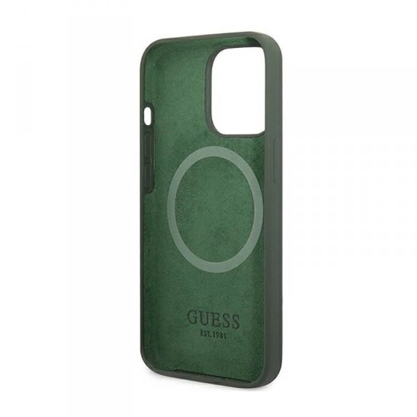 Guess Silicone Logo Plate MagSafe - Etui iPhone 13 Pro (zielony)