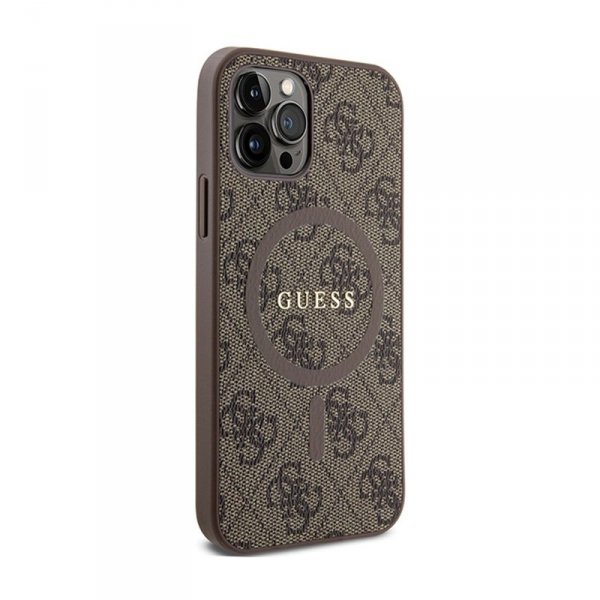 Guess 4G Collection Leather Metal Logo MagSafe - Etui iPhone 12 / iPhone 12 Pro (brązowy)