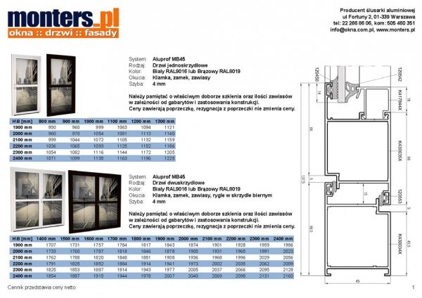 Drzwi aluminiowe 180x210 Aluprof MB45