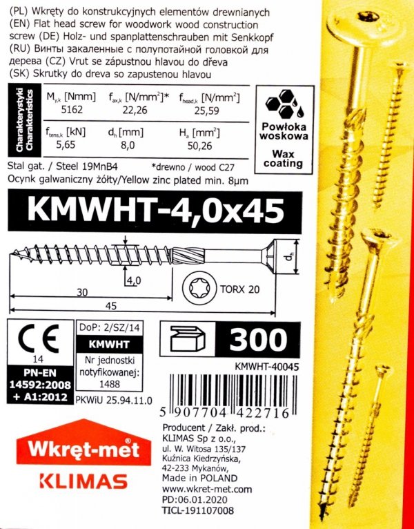 Wkręty ciesielskie TX 4x45 do drewna osb 300szt