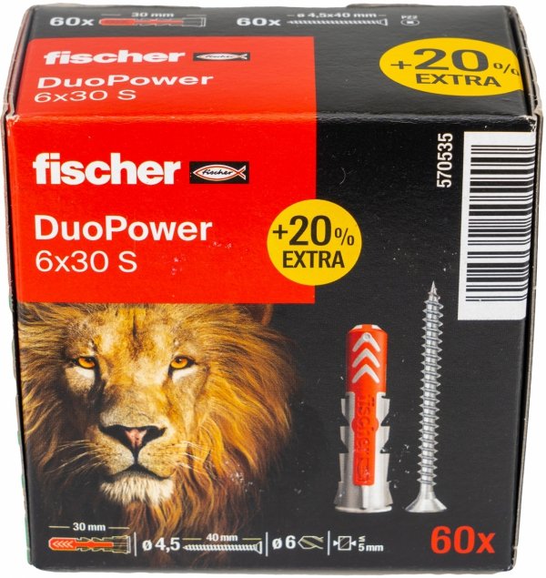 Kołki Fischer DuoPower kołek+wkręt 6X30 S lion 60szt