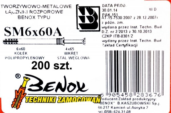 Kołki rozporowe 6x60 A szybkiego montażu 200szt.