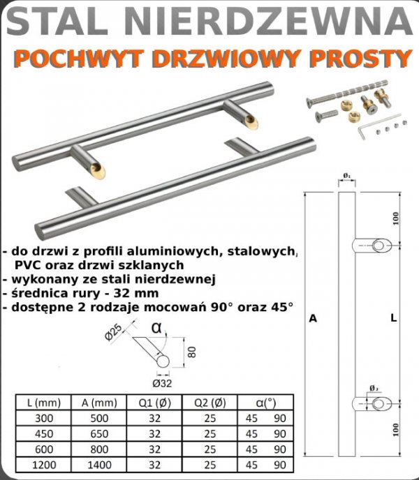 Pochwyt jednos inox nierdzewny 1300/1800 45st