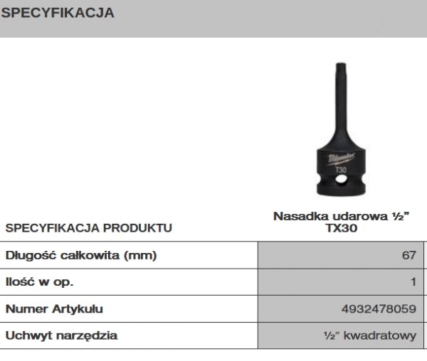 Nasadka udarowa TX 1/2" bit T30 TX30 MILWAUKEE
