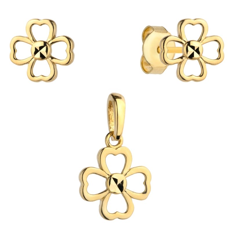 Komplet złote 585 koniczynki kolczyki i zawieszka