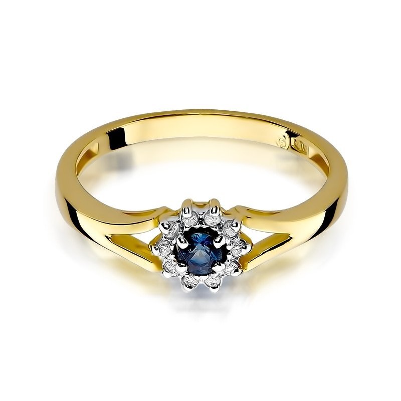 Pierścionek złoty 585 z brylantami 0,09ct szafirem 0,15ct W-185