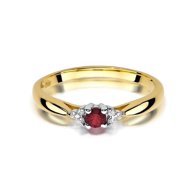 Pierścionek złoty 585 z brylantami 0,03ct rubinem 0,15ct W-428
