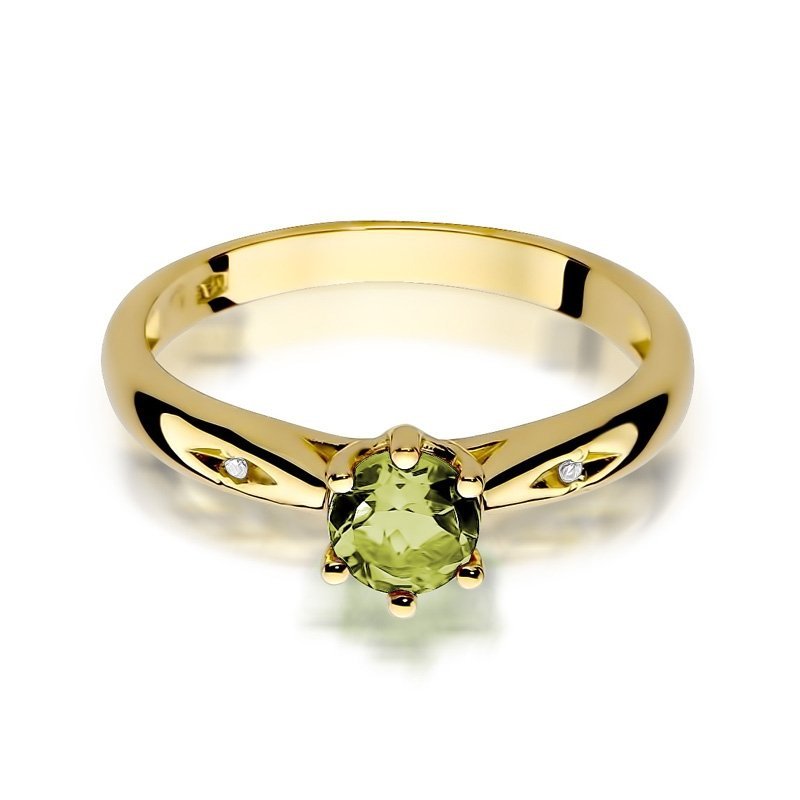 Pierścionek złoty 585 z brylantami 0,01ct oliwinem 0,60ct W-74