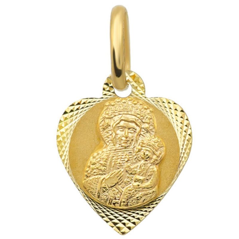 Medalik złoty 585 Matka Boska Częstochowska w sercu diamentowanym serduszko