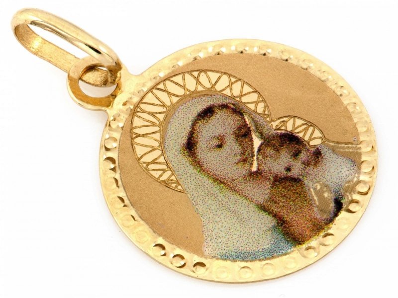 Medalik złoty 585 Matka Boska chrzest komunia kolorowy