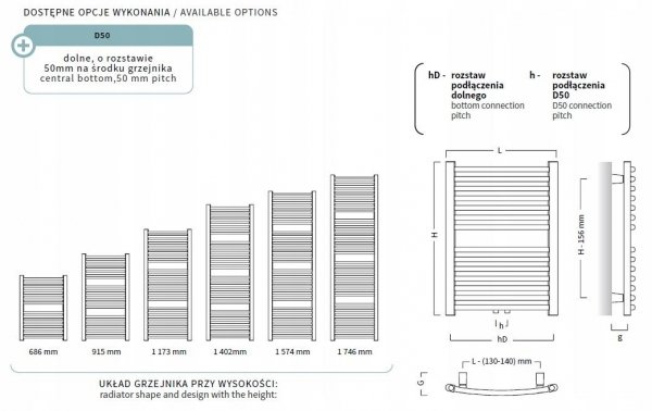 Grzejnik łazienkowy Instal Projekt Omega R 60/170D50 podłączenie dolne
